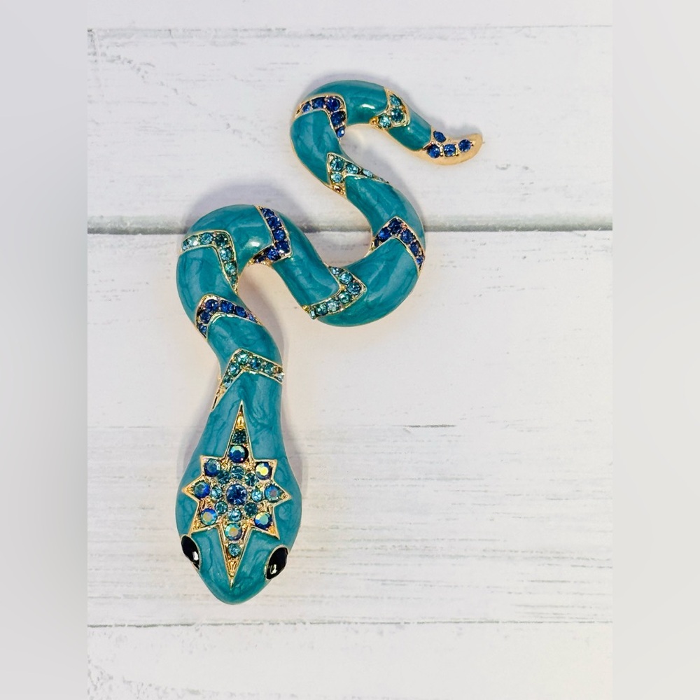 Large 3.75” Teal Green Blue Rhinestone Snake Brooch Excellent Condition - Picture 3 of 5